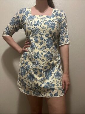 Floral Corset Mini Dress Lace Open Back Blue Cottagecore Medium